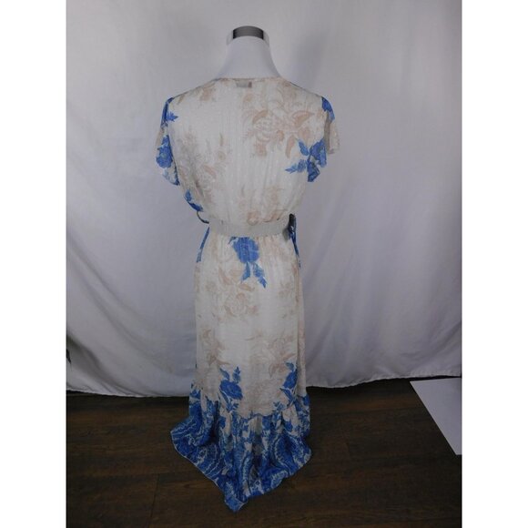 Flare Maxi Dress Womens Blue White Floral Belted Wrap V-Neck Made in Italy - Picture 6 of 12